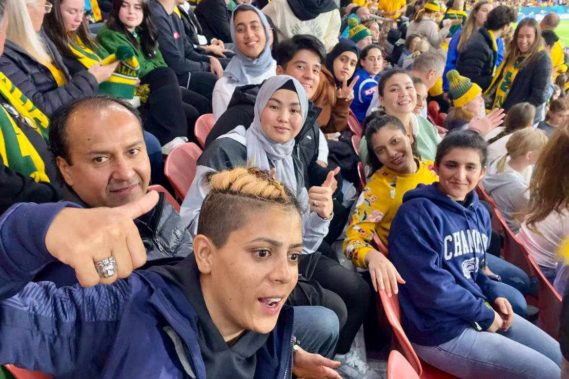 Members of the Afghan national women's team watched Australia take on Nigeria at Brisbane Stadium, on July 27, 2023.