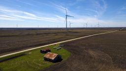 An aerial view shows wind turbines during a tour for the dedication of the Limestone Wind Project in Dawson, Texas, on February 28, 2023. 