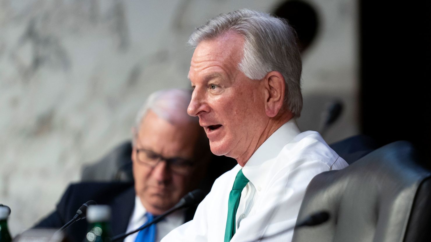 Sen. Tommy Tuberville speaks during a Senate Armed Services Committee hearing on Wednesday on Capitol Hill in Washington, DC. 