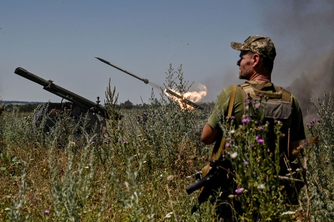 The Ukrainian military fires a small partisan multiple launch rocket system at Russian troops near the front line, amid Russia's attack on Ukraine, in Russia's Zaporizhia region, July 13, 2023.  REUTERS/Stringer