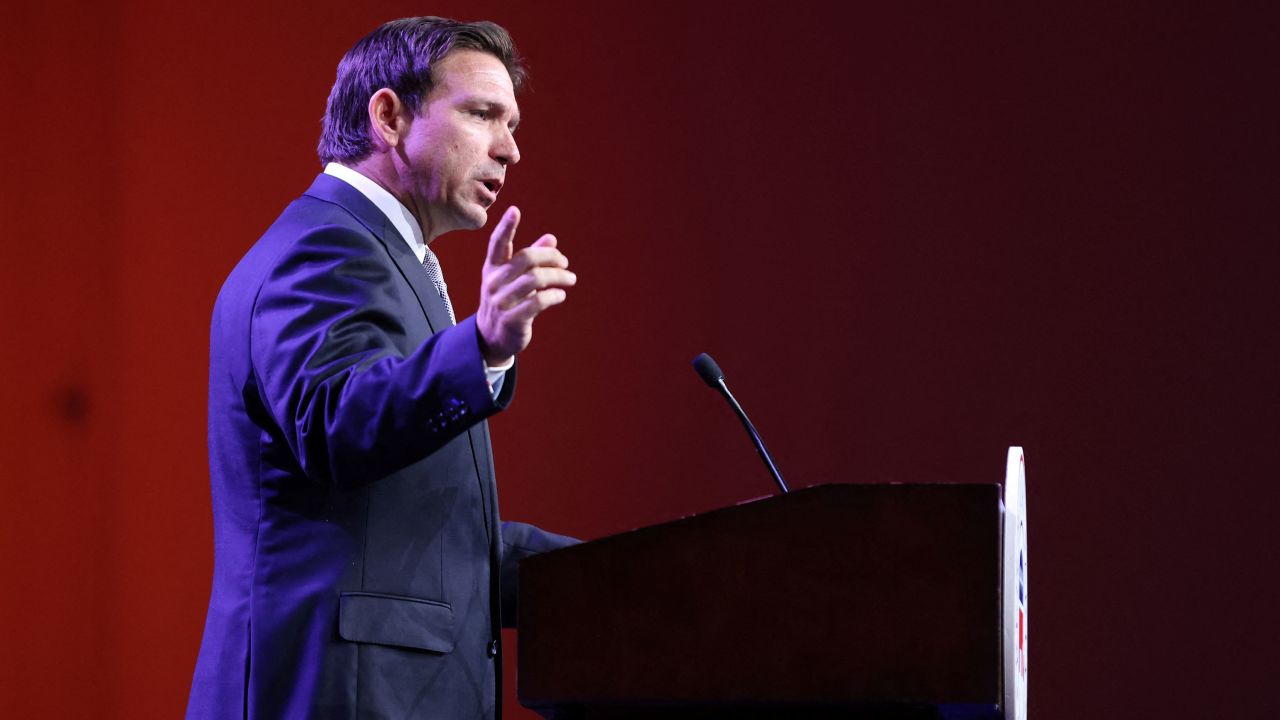 Florida Gov. Ron DeSantis speaks at the Iowa GOP's Lincoln Dinner in Des Moines on July 28, 2023.