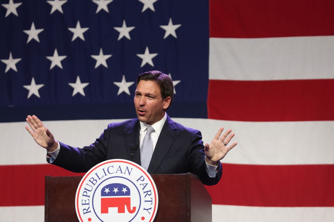 Florida Gov. Ron DeSantis speaks at the Iowa GOP's Lincoln Dinner in Des Moines on July 28, 2023.