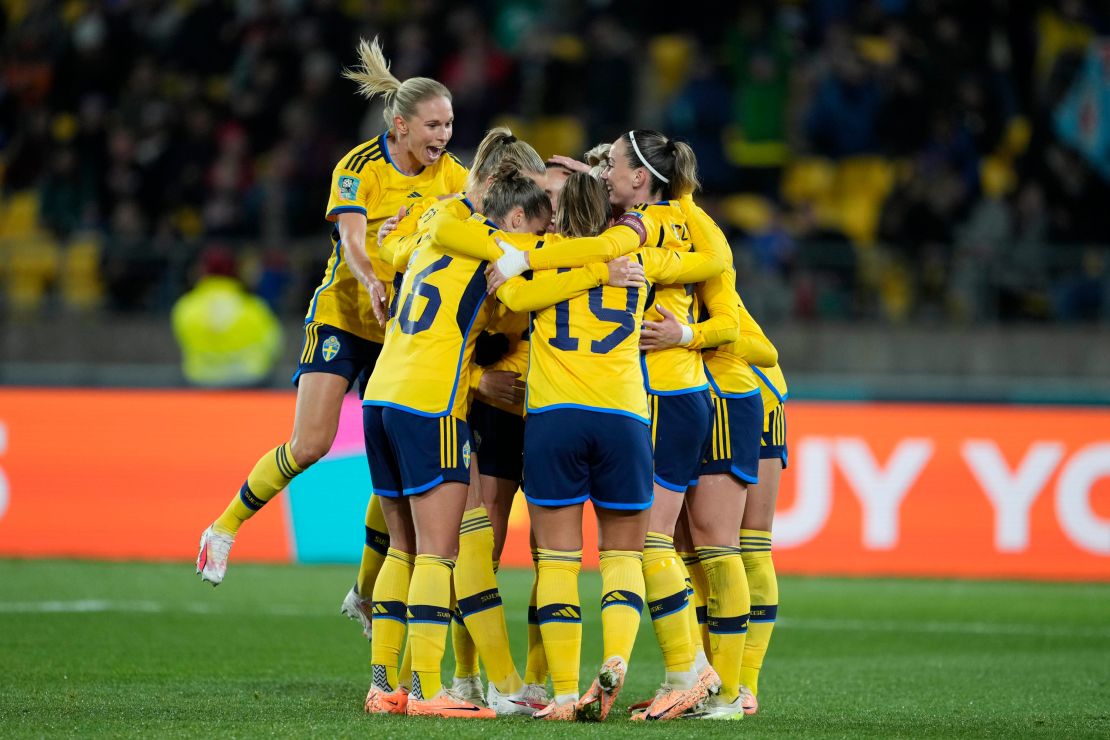 Sweden's Stina Blackstenius celebrates after scoring her side's 3rd goal during the Women's World Cup Group G soccer match between the Sweden and Italy in Wellington, New Zealand, Saturday, July 29, 2023. (AP Photo/John Cowpland)