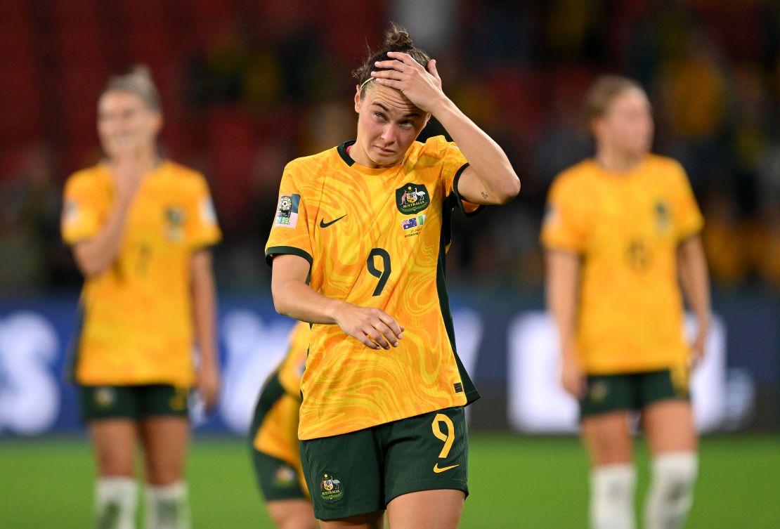BRISBANE, AUSTRALIA - JULY 27: Caitlin Foord of Australia shows dejection after her team's 2-3 defeat in the FIFA Women's World Cup Australia & New Zealand 2023 Group B match between Australia and Nigeria at Brisbane Stadium on July 27, 2023 in Brisbane, Australia. (Photo by Bradley Kanaris/Getty Images)