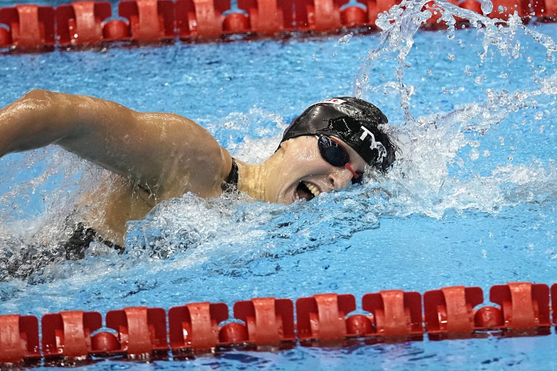 Katie Ledecky, of the United States, competes in the women's 800-meter freestroke final at the World Swimming Championships in Fukuoka, Japan, Saturday, July 29, 2023. Ledecky won the race. (AP Photo/David J. Phillip)