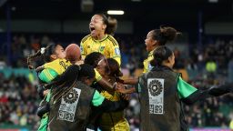 PERTH, AUSTRALIA - JULY 29: Allyson Swaby (3rd R) of Jamaica celebrates with teammates after scoring her team's first goal  during the FIFA Women's World Cup Australia & New Zealand 2023 Group F match between Panama and Jamaica at Perth Rectangular Stadium on July 29, 2023 in Perth, Australia. (Photo by Alex Grimm - FIFA/FIFA via Getty Images)