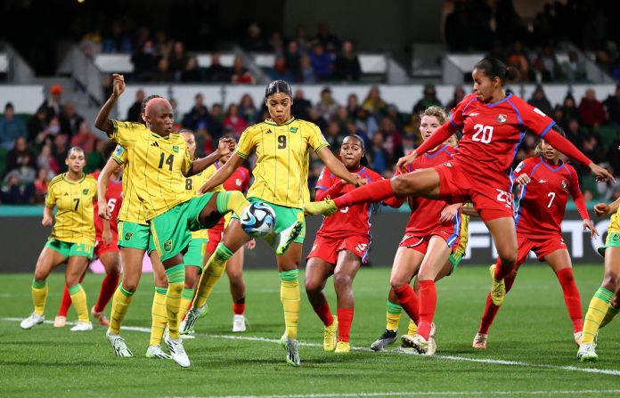 Panama's Aldrith Quintero, right, reaches for the ball in front of Jamaica's Deneisha Blackwood and Kameron Simmonds on July 29. <a href="https://www.cnn.com/2023/07/29/football/jamaica-panama-womens-world-cup-2023-spt-intl/index.html" target="_blank">Jamaica won 1-0</a>. It was Jamaica's first-ever win at a Women's World Cup.