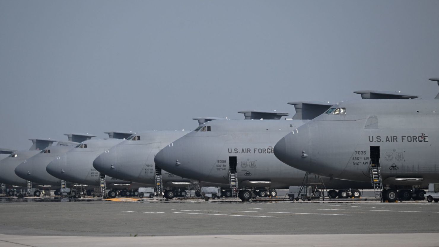 US Air Force transport planes sit on the tarmac at Dover Air Force base in Dover, Delaware, on June 19, 2023.