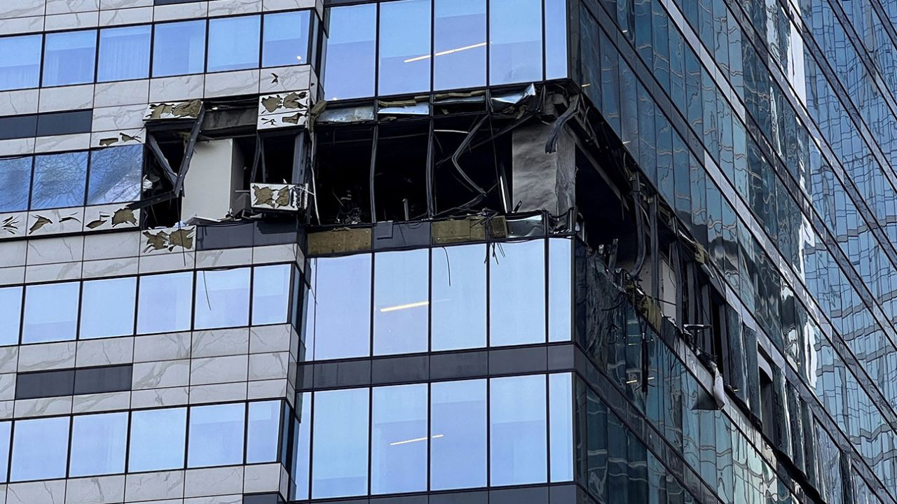 A view shows the damaged facade of an office building in Moscow.