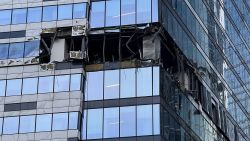 A view shows the damaged facade of an office building in the Moscow City following a reported Ukrainian drone attack in Moscow, Russia, July 30, 2023. REUTERS/Stringer