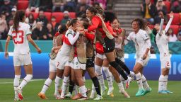 Morocco players celebrate following the Women's World Cup Group H soccer match between South Korea and Morocco in Adelaide, Australia, Sunday, July 30, 2023. (AP Photo/James Elsby)