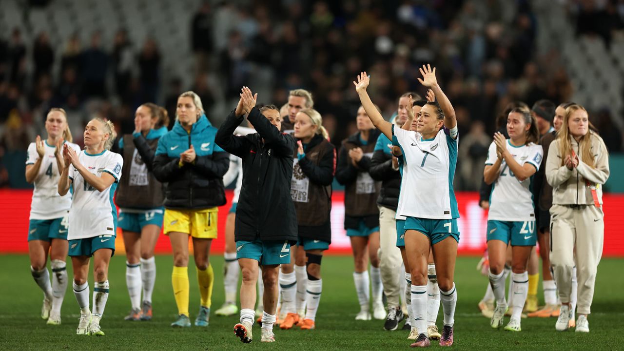 New Zealand players applaud fans after crashing out of the Women's World Cup. 