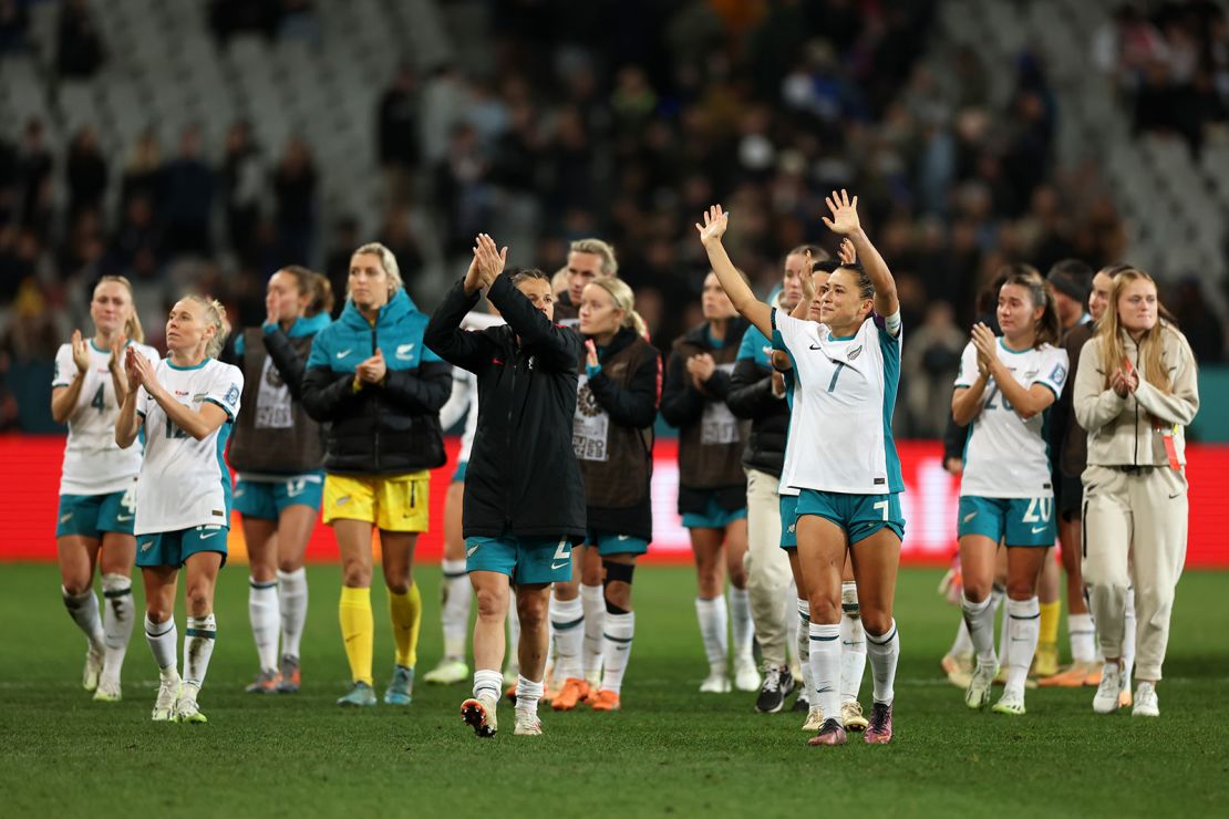 New Zealand players applaud fans after crashing out of the Women's World Cup. 