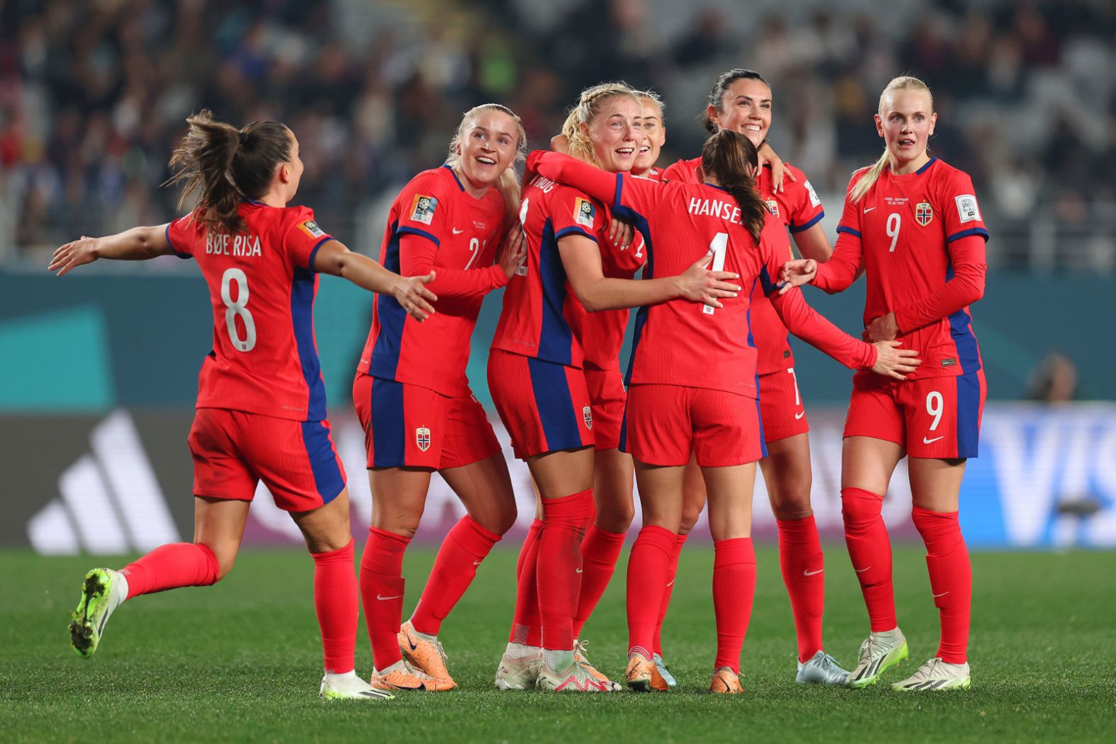 Norway celebrates a goal in its 6-0 victory over the Philippines on July 30. The victory helped Norway clinch a spot in the knockout stage.