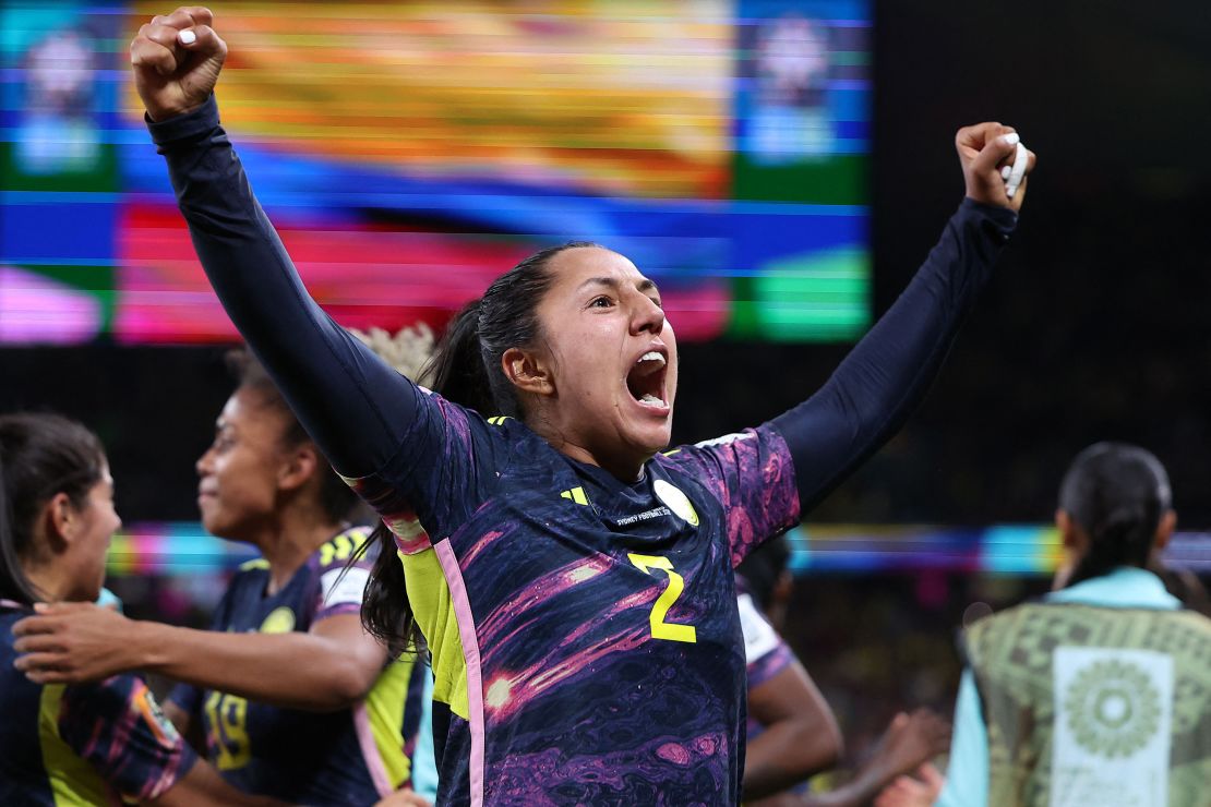 Colombia's midfielder #02 Manuela Vanegas celebrates scoring her team's second goal during the Australia and New Zealand 2023 Women's World Cup Group H football match between Germany and Colombia at Sydney Football Stadium in Sydney on July 30, 2023. (Photo by FRANCK FIFE / AFP) (Photo by FRANCK FIFE/AFP via Getty Images)