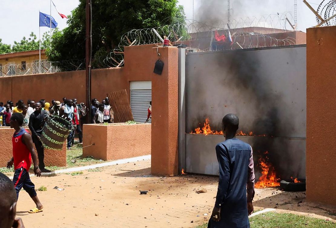 Demonstrators appeared to try to set the Embassy alight before being dispersed.