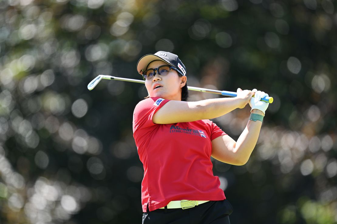 EVIAN-LES-BAINS, FRANCE - JULY 30: Nasa Hataoka of Japan tees off on the 8th hole during the Final Round of the Amundi Evian Championship at Evian Resort Golf Club on July 30, 2023 in Evian-les-Bains, France. (Photo by Stuart Franklin/Getty Images)