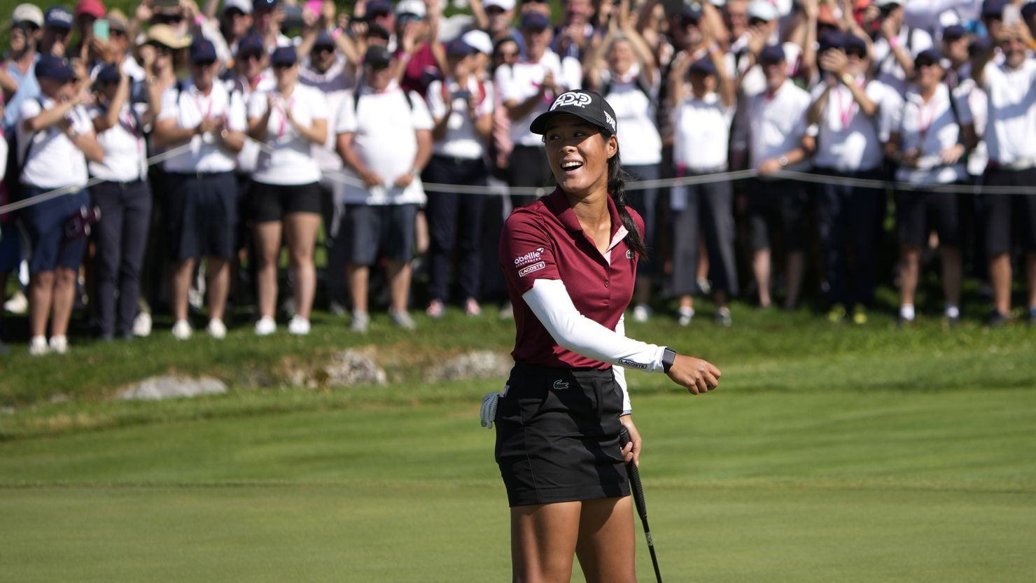 France's Celine Boutier celebrates winning the Evian Championship women's golf tournament in Evian, eastern France, Sunday, July 30, 2023. (AP Photo/Lewis Joly)