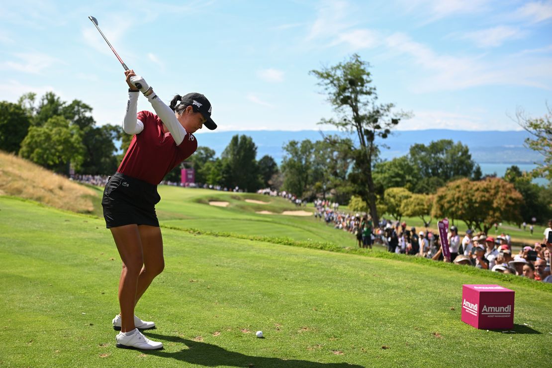 EVIAN-LES-BAINS, FRANCE - JULY 30: Celine Boutier of France tees off on the 14th hole during the Final Round of the Amundi Evian Championship at Evian Resort Golf Club on July 30, 2023 in Evian-les-Bains, France. (Photo by Stuart Franklin/Getty Images)