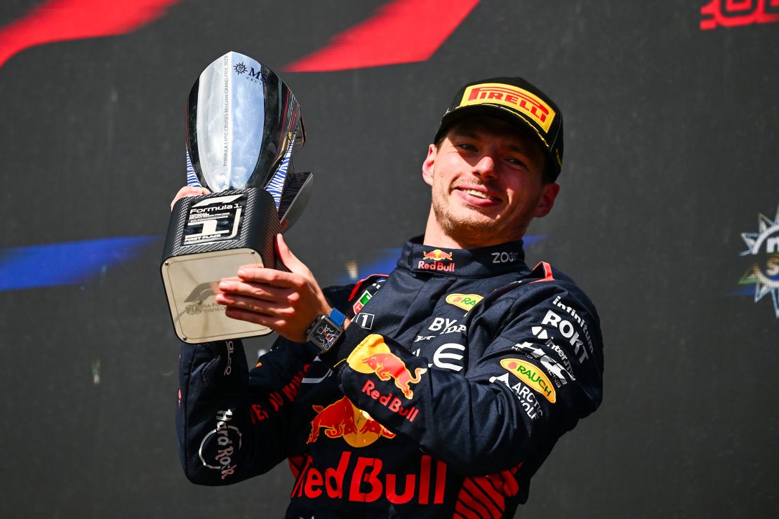 Verstappen celebrates on the podium after winning the Belgian GP. 
