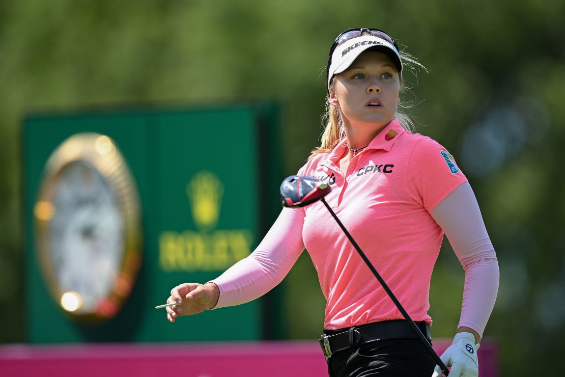 EVIAN-LES-BAINS, FRANCE - JULY 30: Brooke M. Henderson of Canada looks on after teeing off on the 13th hole during the Final Round of the Amundi Evian Championship at Evian Resort Golf Club on July 30, 2023 in Evian-les-Bains, France. (Photo by Stuart Franklin/Getty Images)