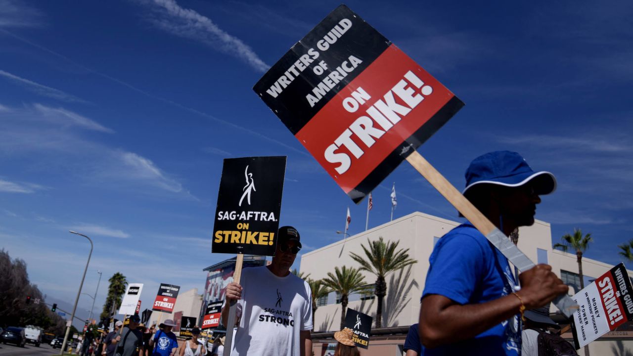 Writers Guild of America and Screen Actors Guild members with supporters on a picket line outside Fox Studios in Los Angeles on July 21, 2023.