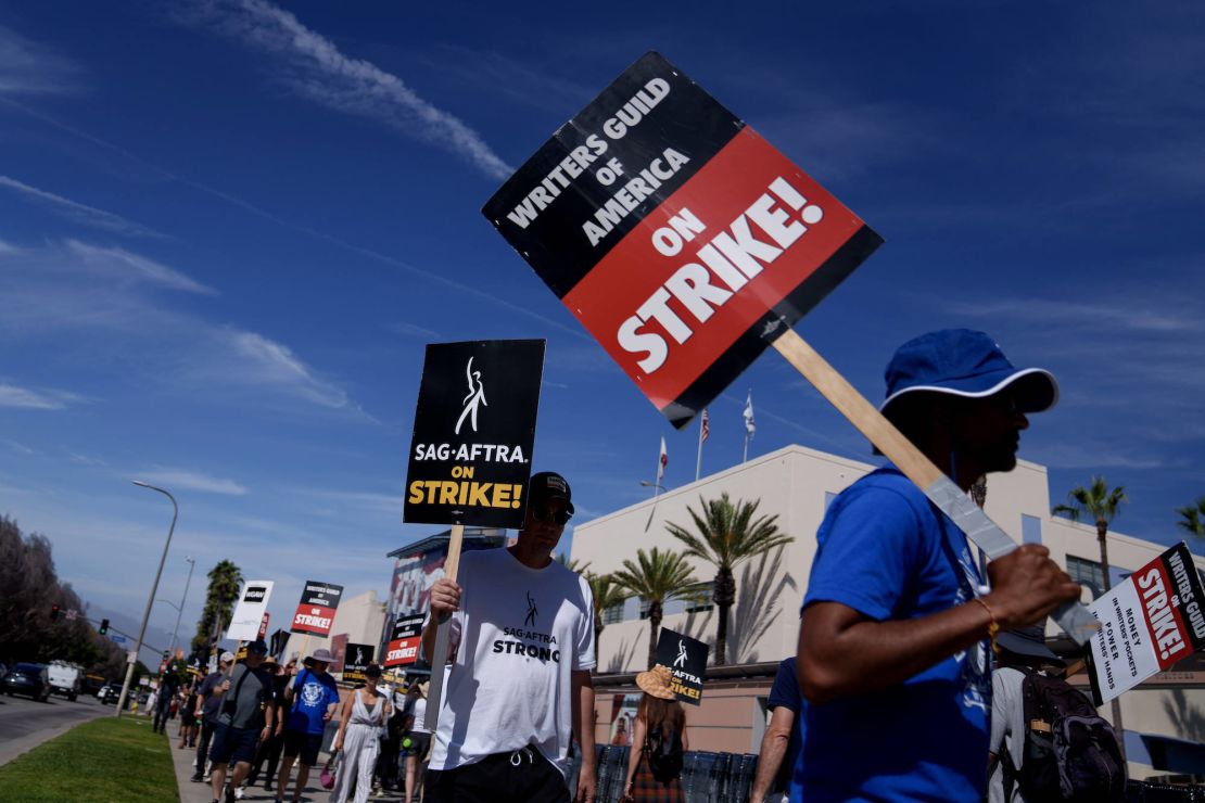 Writers Guild of America and Screen Actors Guild members with supporters on a picket line outside Fox Studios in Los Angeles on July 21, 2023.