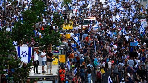 Right-wing Israelis rally in support of Prime Minister Benjamin Netanyahu's government plans to overhaul the judicial system, in Tel Aviv, Israel on July 23