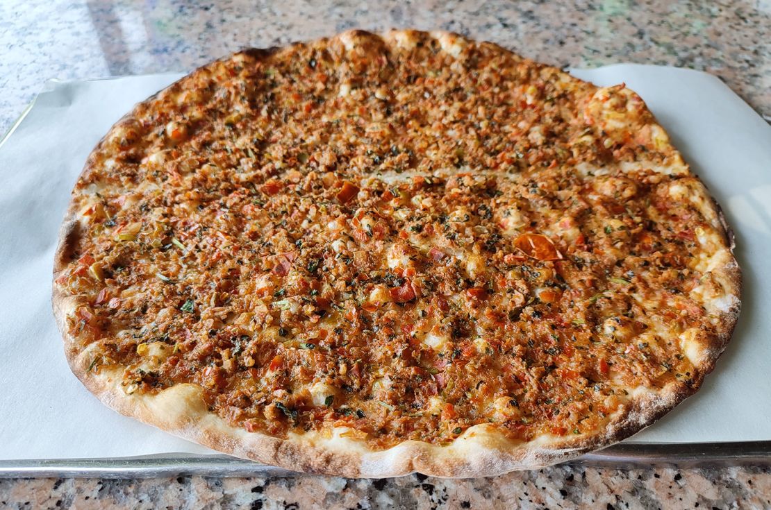 Traditional turkish minced beef meat pizza pita bread lahmacun in Istanbul turkey