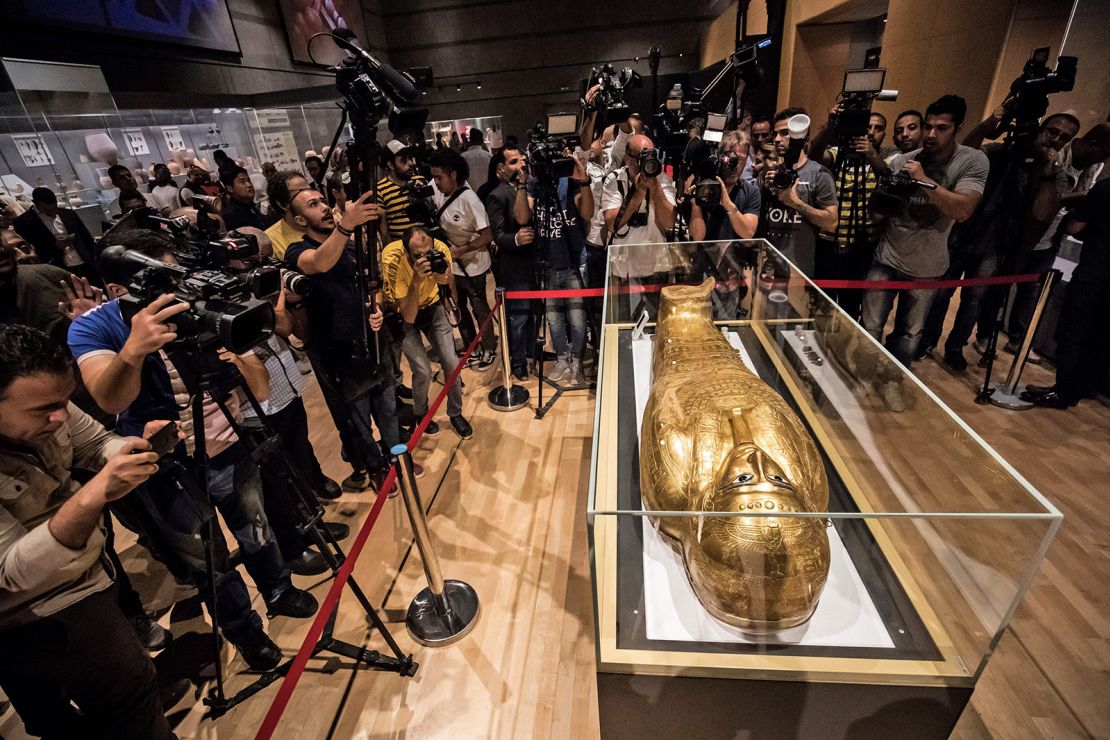 A picture taken on October 1, 2019, shows the Golden Coffin of Nedjemankh, on display at the National Museum of Egyptian Civilization in Cairo, following its repatriation from the US. (Photo by Khaled DESOUKI / AFP) (Photo by KHALED DESOUKI/AFP via Getty Images)