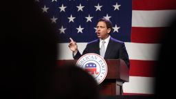 Republican presidential candidate Florida Gov. Ron DeSantis speaks to guests at the Republican Party of Iowa 2023 Lincoln Dinner on July 28, 2023 in Des Moines, Iowa. 
