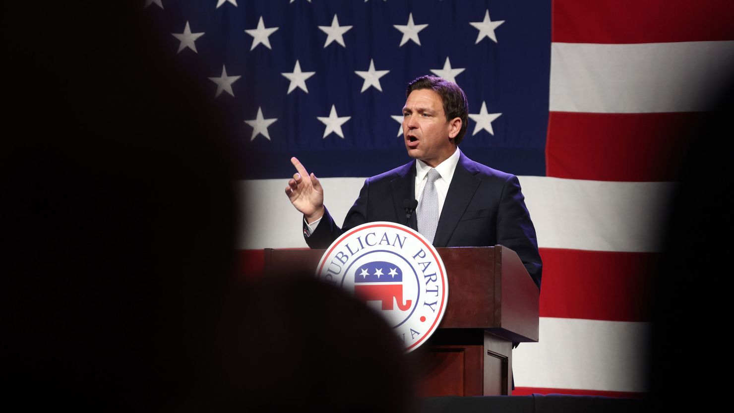 Republican presidential candidate Florida Gov. Ron DeSantis speaks to guests at the Republican Party of Iowa 2023 Lincoln Dinner on July 28, 2023 in Des Moines, Iowa. 