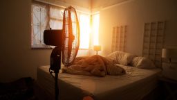 Electric fan in-front of an unmade bed with light coming through a window