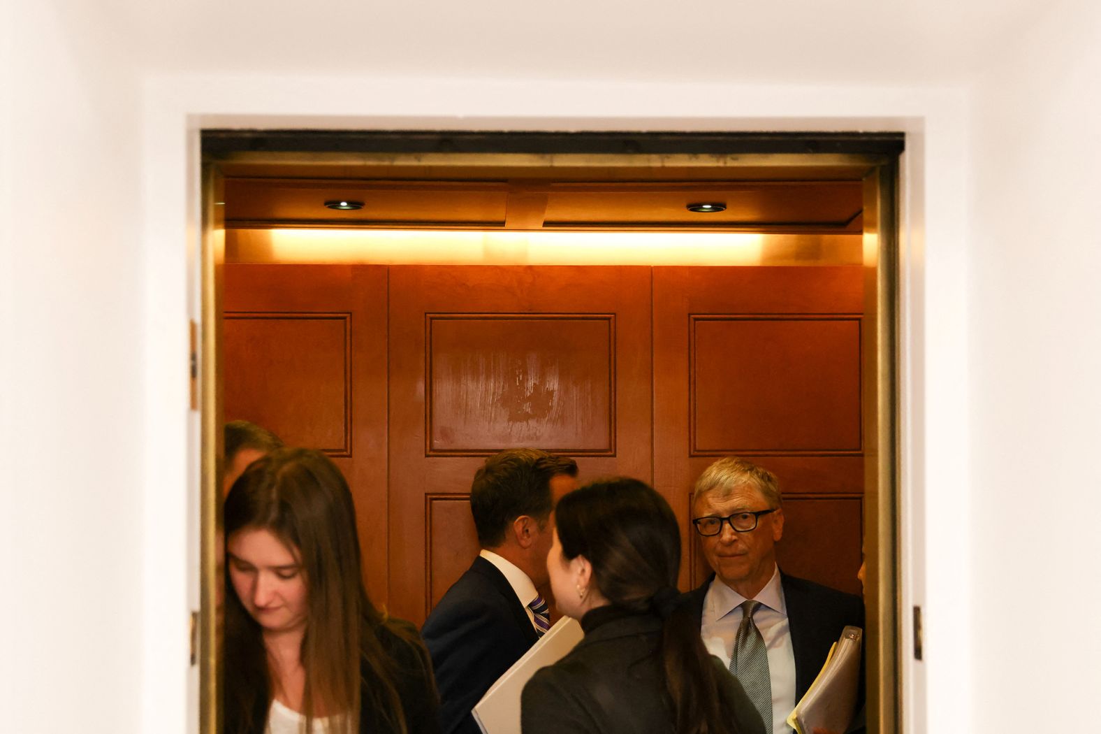 Gates rides an elevator on Capitol Hill in Washington, DC, in March 2023. In September of that year, he and other tech leaders attended a <a href="https://www.cnn.com/2023/09/13/tech/schumer-tech-companies-ai-regulations/index.html" target="_blank">three-hour Senate hearing on artificial intelligence</a>.