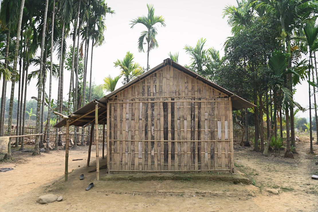 Girindra Bhakti's home, rebuilt with the relief housing structure (RHU), photographed in Kalain area in Assam. Bhakti, a community member, lost his home in the devastating floods in Assam last year. He now lives in a relief housing unit (RHU) structure with his grandchildren. He has upgraded the shelter frame with local material and bamboo stilts.