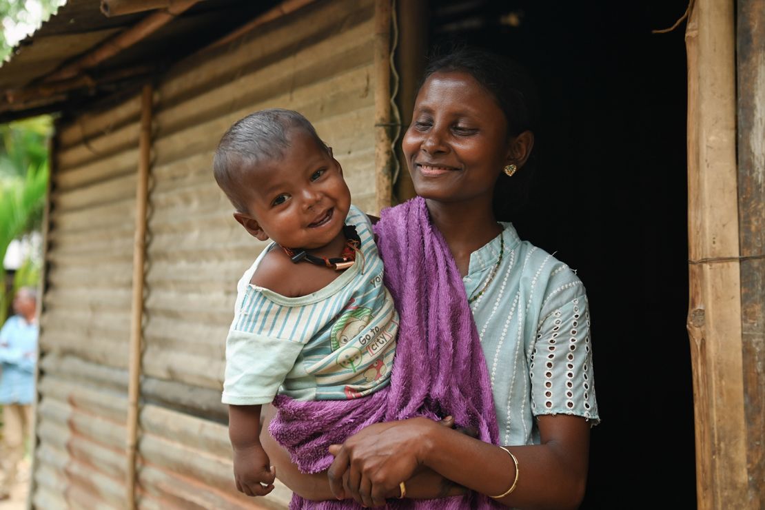 Geeta Bhomij, 25 and her daughter at their home in the Kalain region of Assam.