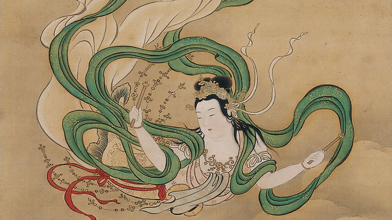 MP3JC9 Kiyohara Yukinobu, Japanese, 1643 - 1682; Flying Celestial (Apsaras); second half 17th century; Hanging scroll; Ink, color, and gold on silk; 45 7/8 × 17 5/8 in. (116.52 × 44.77 cm) (image)77 5/16 × 22 1/4 in. (196.37 × 56.52 cm) (mount, without roller); Minneapolis Institute of Art; Mary Griggs Burke Collection, Gift of the Mary and Jackson Burke Foundation; L2015.33.70 KiyoharaYukinobu FlyingCelestial MIA L20153370 767 KiyoharaYukinobu FlyingCelestial MIA L20153370