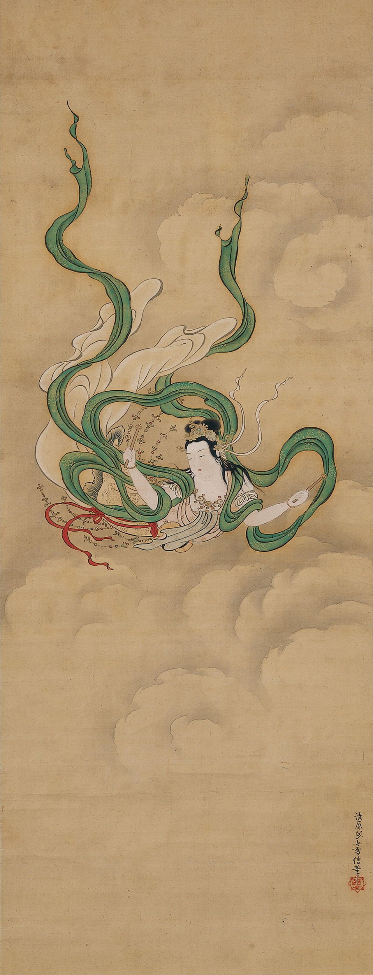 MP3JC9 Kiyohara Yukinobu, Japanese, 1643 - 1682; Flying Celestial (Apsaras); second half 17th century; Hanging scroll; Ink, color, and gold on silk; 45 7/8 × 17 5/8 in. (116.52 × 44.77 cm) (image)77 5/16 × 22 1/4 in. (196.37 × 56.52 cm) (mount, without roller); Minneapolis Institute of Art; Mary Griggs Burke Collection, Gift of the Mary and Jackson Burke Foundation; L2015.33.70 KiyoharaYukinobu FlyingCelestial MIA L20153370 767 KiyoharaYukinobu FlyingCelestial MIA L20153370
