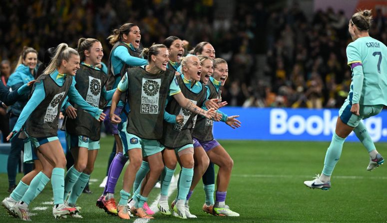 Australian defender Stephanie Catley, right, celebrates with teammates after scoring her team's fourth goal against Canada on July 31. <a href="https://www.cnn.com/2023/07/31/football/australia-canada-womens-world-cup-spt-intl/index.html" target="_blank">Australia won 4-0</a> to book a spot in the round of 16.