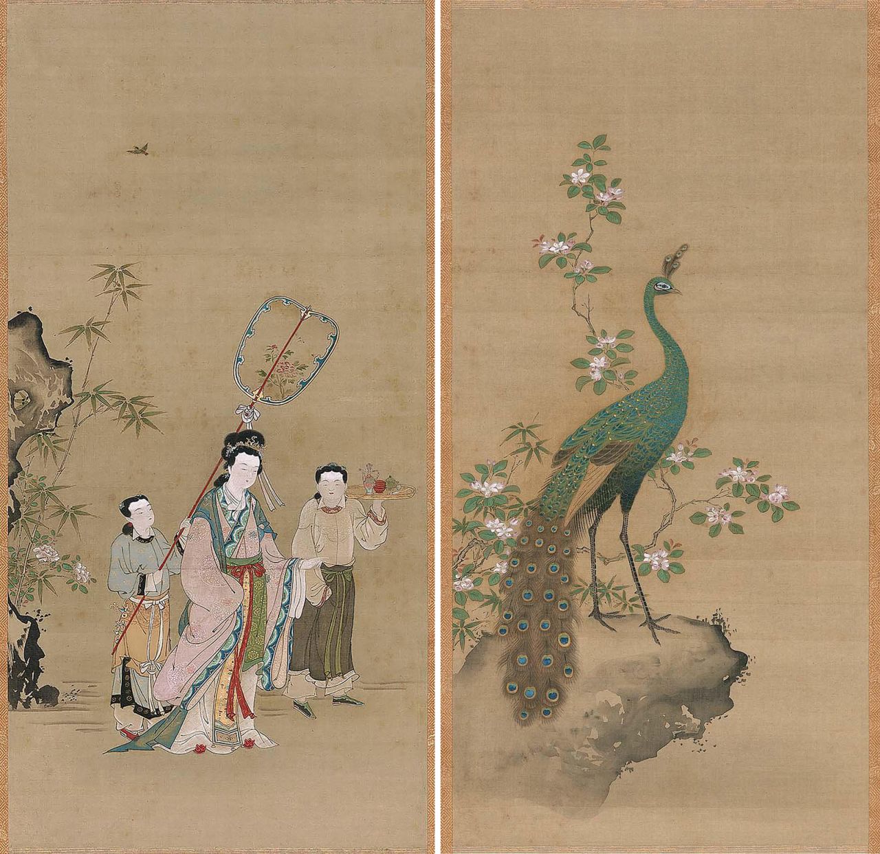 A portrait of Chinese consort Yang Guifei, who was revered for her beauty in the 8th century (left) and a composition featuring a peacock and peach blossoms (right).