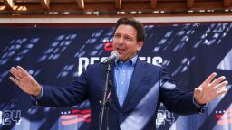 Florida Governor and Republican U.S. presidential candidate Ron DeSantis speaks during a barbecue hosted by former diplomat Scott Brown, as part of his "No B.S. Backyard BBQ" series, in Rye, New Hampshire, U.S. July 30, 2023.  REUTERS/Reba Saldanha