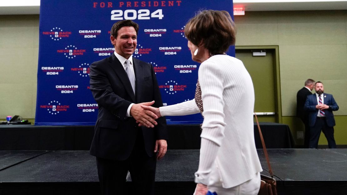 DeSantis greets supporters at the Republican Party of Iowa's 2023 Lincoln Dinner in Des Moines on Friday, July 28, 2023.