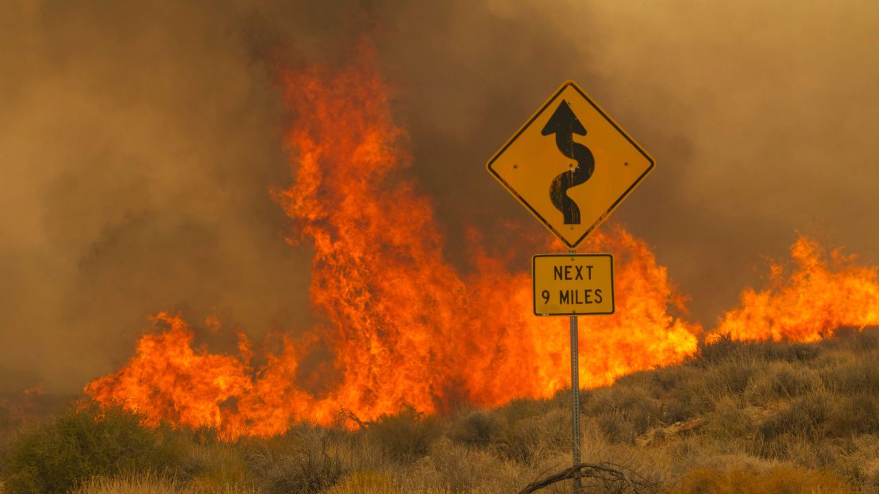 Flames rise from the York Fire on July 30, 2023, in the Mojave National Preserve. 
