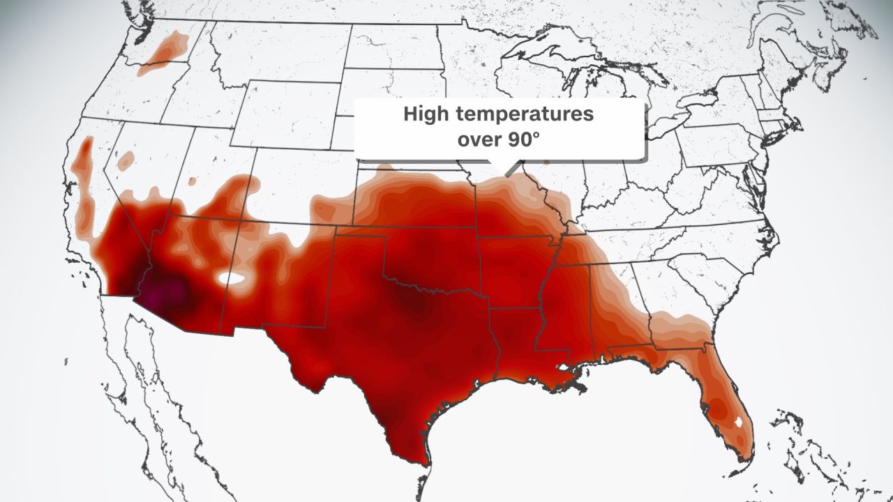 Areas shaded in red show where temperatures are forecast above 90 degrees Friday.