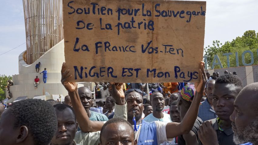 Mandatory Credit: Photo by ISSIFOU DJIBO/EPA-EFE/Shutterstock (14028450p)Protesters with a placard 'France go away, Niger is my country' during a protest in Niamey, Niger, 30 July 2023. Thousands of supporters of General Abdourahamane Tchiani, head of the Presidential Guard, who declared himself the new leader of Niger after a coup against democratically elected President Mohamed Bazoum on 26 July, took to the streets of Niamey to demonstrate support for the coup.Supporters of General Abdourahamane Tchiani rally in Niamey, Niger - 30 Jul 2023