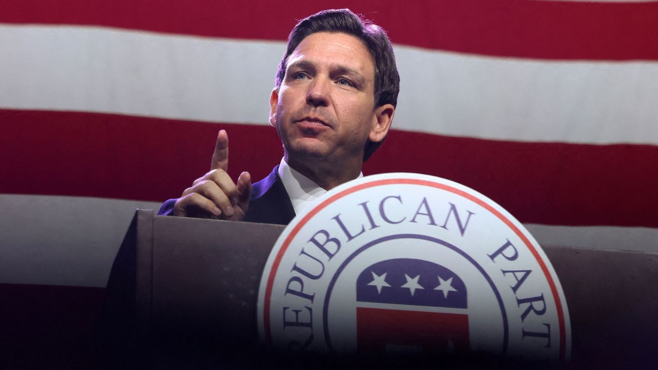 Republican presidential candidate and Florida Gov. Ron DeSantis speaks at the Republican Party of Iowa's Lincoln Day Dinner in Des Moines, Iowa, on July 28, 2023. 