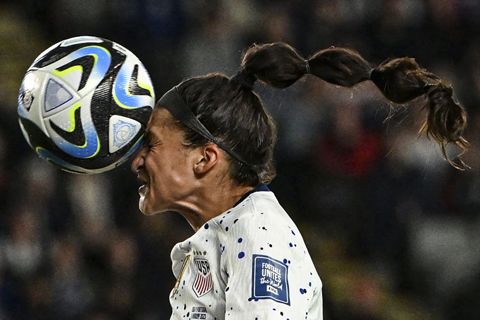 US forward Sophia Smith heads the ball during the <a href="index.php?page=&url=https%3A%2F%2Fwww.cnn.com%2F2023%2F08%2F01%2Ffootball%2Fuswnt-portugal-womens-world-cup-spt-intl%2Findex.html" target="_blank">goalless draw</a> against Portugal on August 1. The result meant that the Americans, the two-time defending champions, would advance to the round of 16.