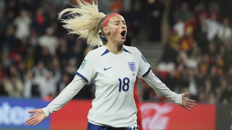England's Chloe Kelly, celebrates after scored during the Women's World Cup Group D soccer match between China and England in Adelaide, Australia, Tuesday, Aug. 1, 2023. (AP Photo/James Elsby)