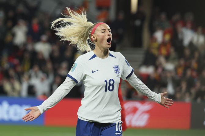 England's Chloe Kelly celebrates after scoring against China on August 1. <a href="https://www.cnn.com/sport/live-news/uswnt-portugal-group-stage-womens-world-cup-08-01-23/h_986c8e469f4fb778cf1e325cdfb2fc90" target="_blank">England won 6-1</a> to advance to the tournament's round of 16.