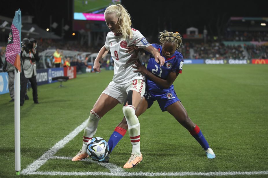 Denmark's Amalie Vangsgaard shields the ball from Haiti's Ruthny Mathurin.